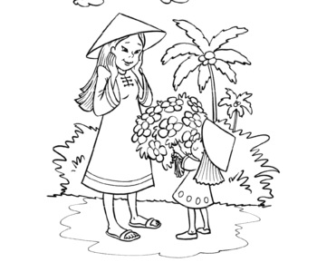 Kolorowanka online: Kolorowanka mała dziewczynka z dużym bukietem kwiatów dla mamy